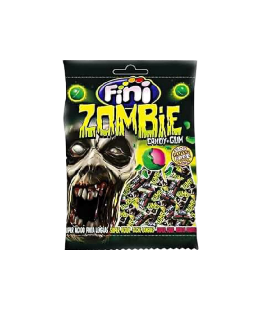 Description produit : Fini - Zombie Chewing-Gum 12x80g

Ajoutez une touche effrayante et surprenante à vos rayons avec les Zombie Chewing-Gum de Fini. Ces chewing-gums ronds et colorés cachent un cœur liquide au goût intense et explosif, pour une expérience unique qui surprend à chaque bouchée. Présentés en sachets de 80 g (lot de 12), ils sont parfaits pour les amateurs de confiseries ludiques et décalées.

Points forts :
	•	Thème effrayant : Un design fun et zombie qui attire l’attention des amateurs de f