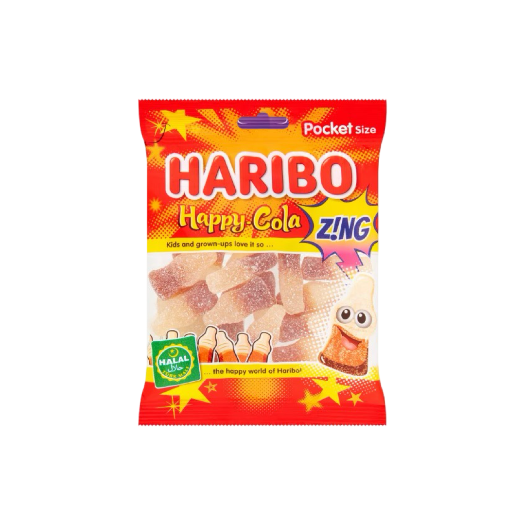 Description produit : Haribo - Happy Cola Sour Halal 24x100g

Rendez vos rayons pétillants avec les Happy Cola Sour Halal de Haribo. Ces bonbons en forme iconique de bouteilles de cola offrent un équilibre parfait entre la douceur classique du cola et une touche acidulée. Certifiés halal, ils répondent aux attentes d’un large éventail de consommateurs et sont conditionnés en sachets individuels de 100 g (lot de 24).

Points forts :
	•	Goût unique : Une saveur de cola classique avec une note acidulée pour un
