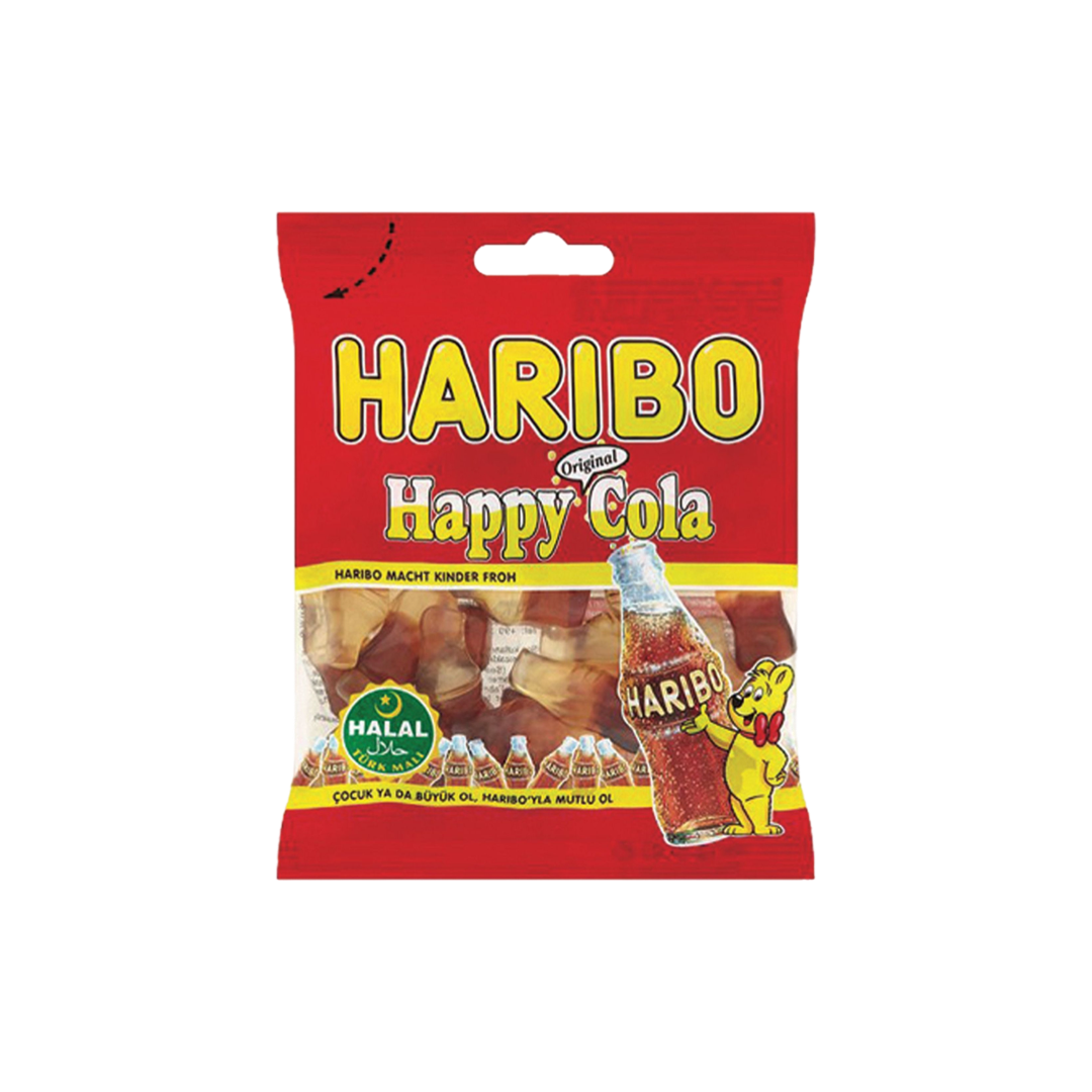Description produit : Haribo - Happy Cola Halal 30x100g

Les Haribo Happy Cola Halal sont des bonbons gélifiés en forme iconique de bouteilles de cola, offrant un goût rafraîchissant et sucré. Certifiés halal, ils s’adaptent à tous les consommateurs respectant ces normes alimentaires. Présentés en sachets individuels de 100 g, conditionnés par 30 unités, ils sont parfaits pour les rayons de confiseries ou pour des moments festifs.

Points forts :
	•	Forme iconique : Les célèbres bouteilles de cola Haribo, r