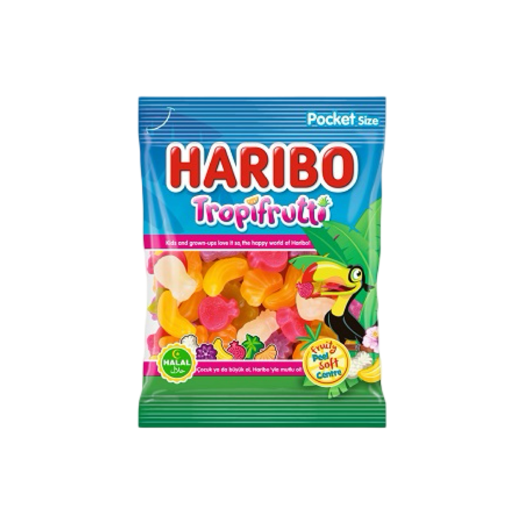 Description produit : Haribo - Tropifrutti Halal 30x100g

Les Haribo Tropifrutti Halal sont une explosion de saveurs exotiques, inspirées des fruits tropicaux. Ces bonbons gélifiés certifiés halal allient des textures moelleuses à des goûts fruités et rafraîchissants, idéals pour les amateurs de douceurs originales. Disponibles en sachets de 100 g, conditionnés en cartons de 30 unités, ils sont parfaits pour enrichir vos rayons ou accompagner vos événements.

Points forts :
	•	Saveurs exotiques : Une gamme